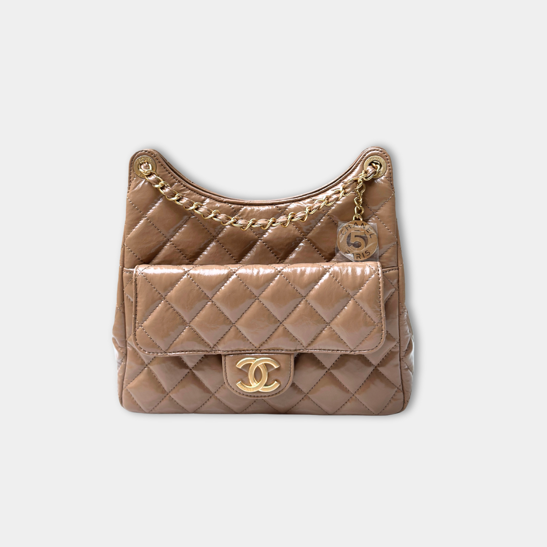 Chanel Microchipped 23B Beige Small Shiny Hobo Patent Calfskin Shoulder Bag Kelly's Authentic Boutique