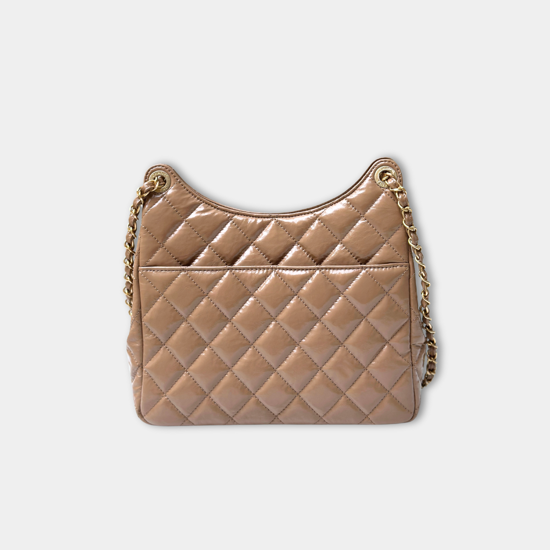 Chanel Microchipped 23B Beige Small Shiny Hobo Patent Calfskin Shoulder Bag Kelly's Authentic Boutique