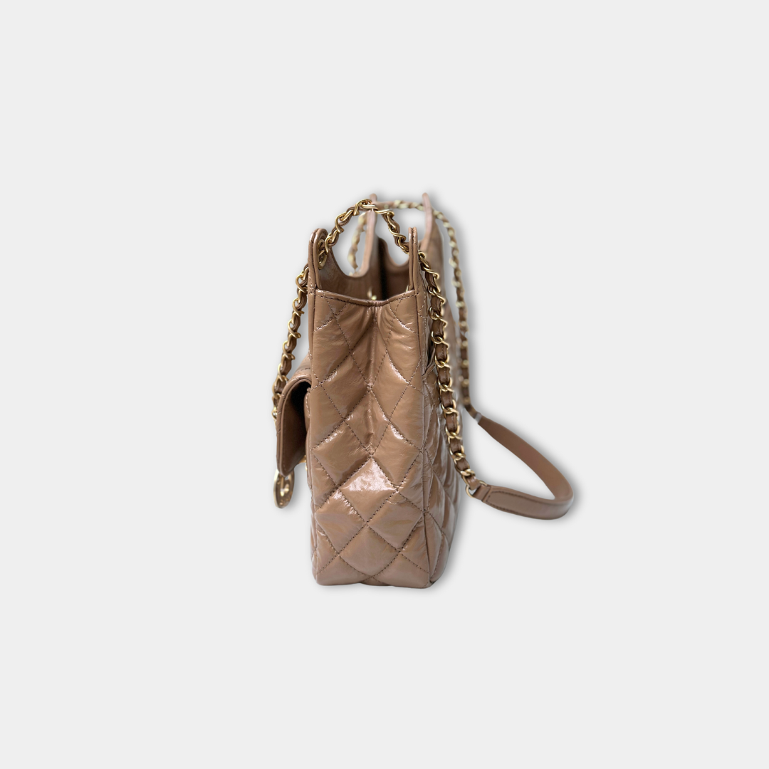 Chanel Microchipped 23B Beige Small Shiny Hobo Patent Calfskin Shoulder Bag Kelly's Authentic Boutique