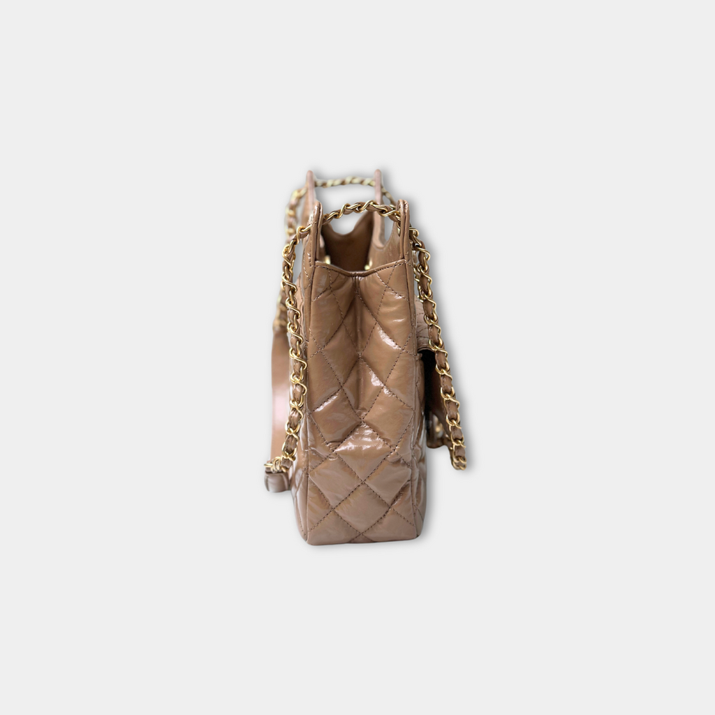 Chanel Microchipped 23B Beige Small Shiny Hobo Patent Calfskin Shoulder Bag Kelly's Authentic Boutique