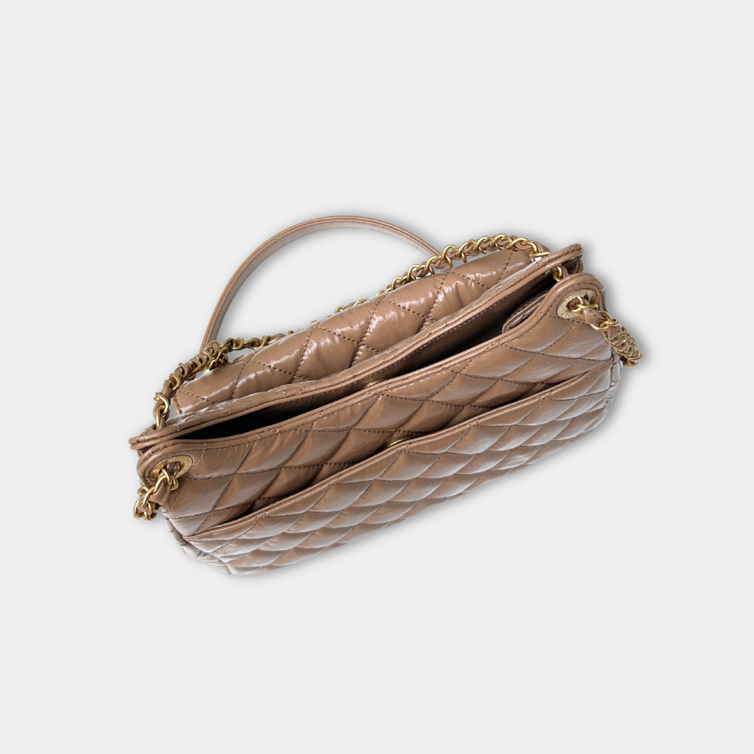 Chanel Microchipped 23B Beige Small Shiny Hobo Patent Calfskin Shoulder Bag Kelly's Authentic Boutique