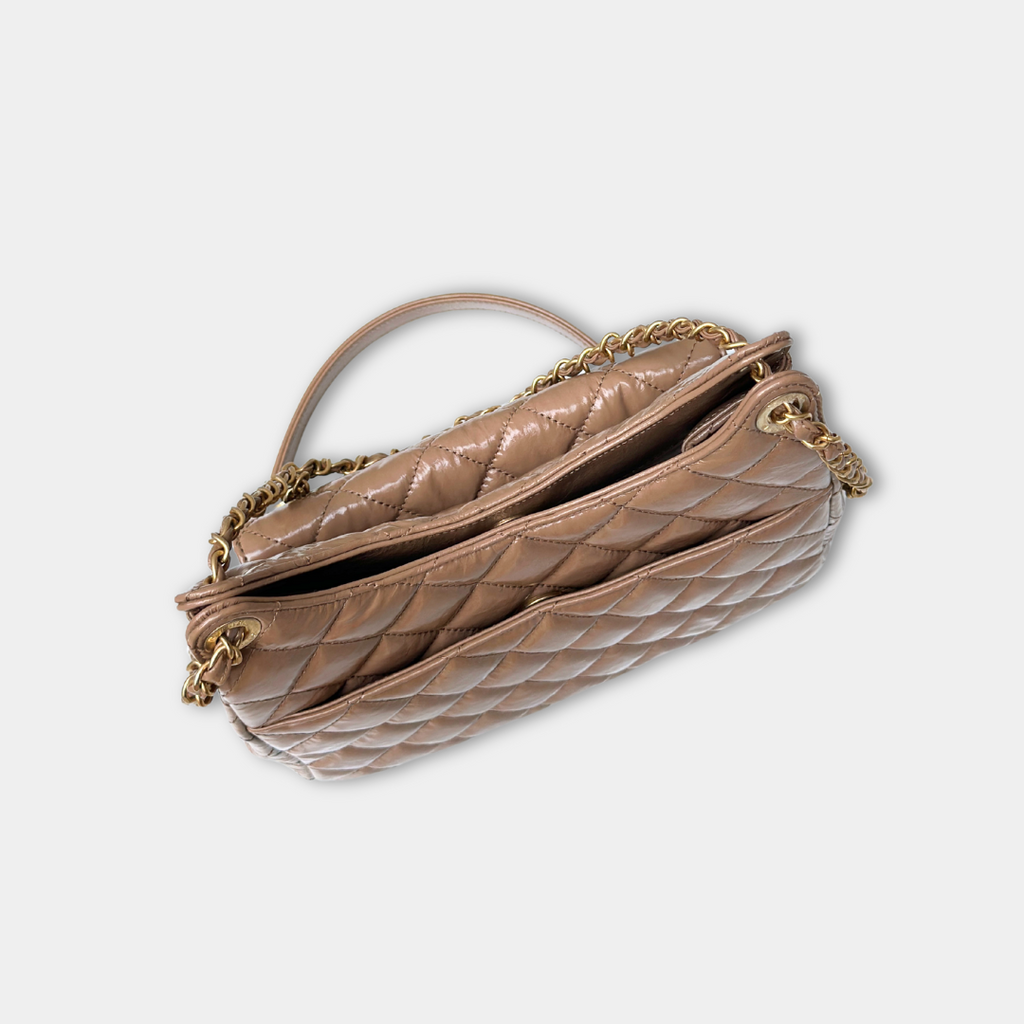 Chanel Microchipped 23B Beige Small Shiny Hobo Patent Calfskin Shoulder Bag Kelly's Authentic Boutique