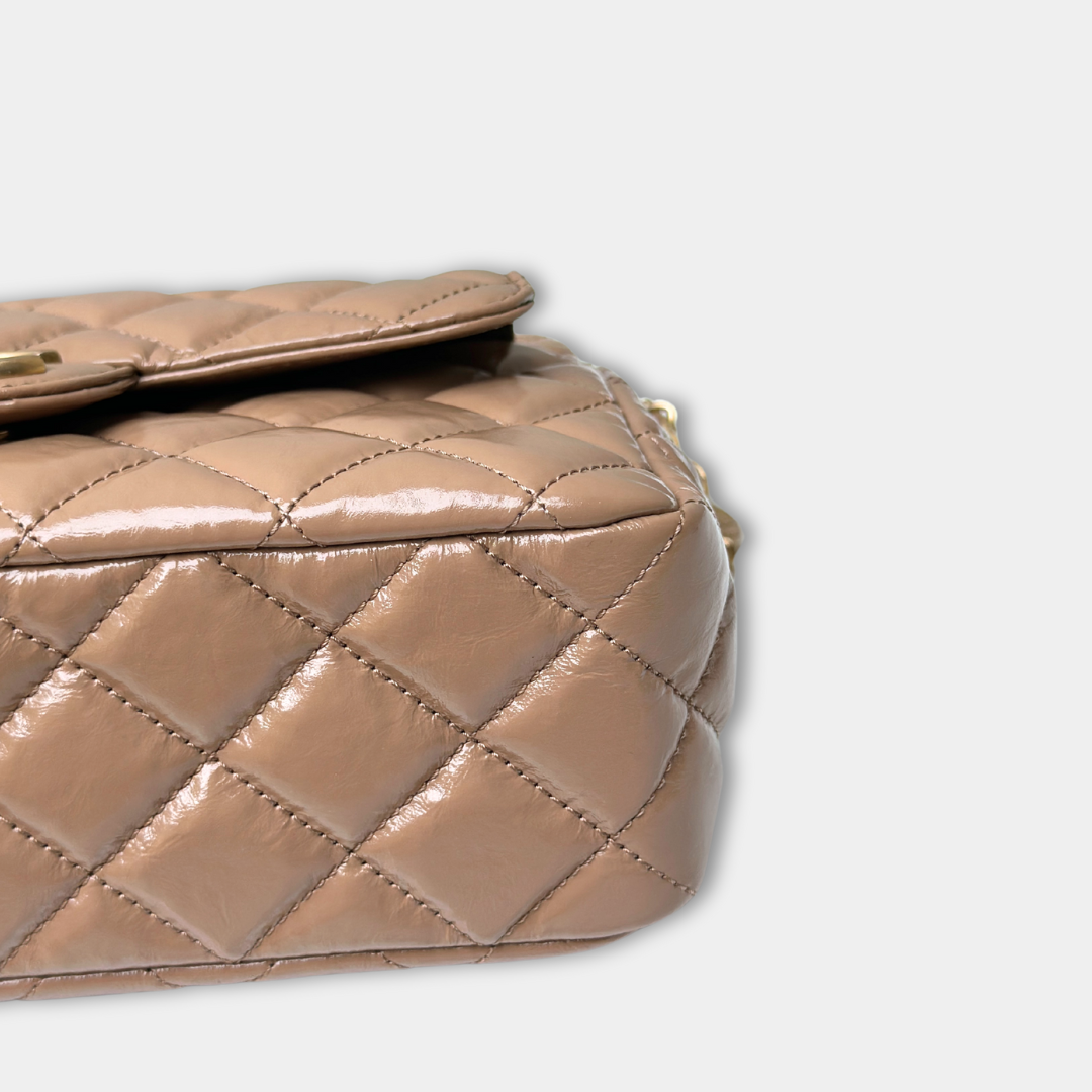 Chanel Microchipped 23B Beige Small Shiny Hobo Patent Calfskin Shoulder Bag Kelly's Authentic Boutique