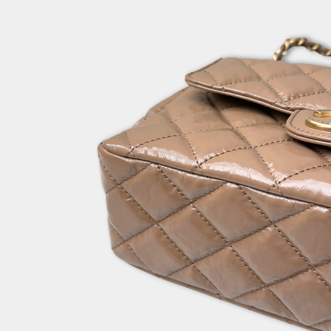 Chanel Microchipped 23B Beige Small Shiny Hobo Patent Calfskin Shoulder Bag Kelly's Authentic Boutique