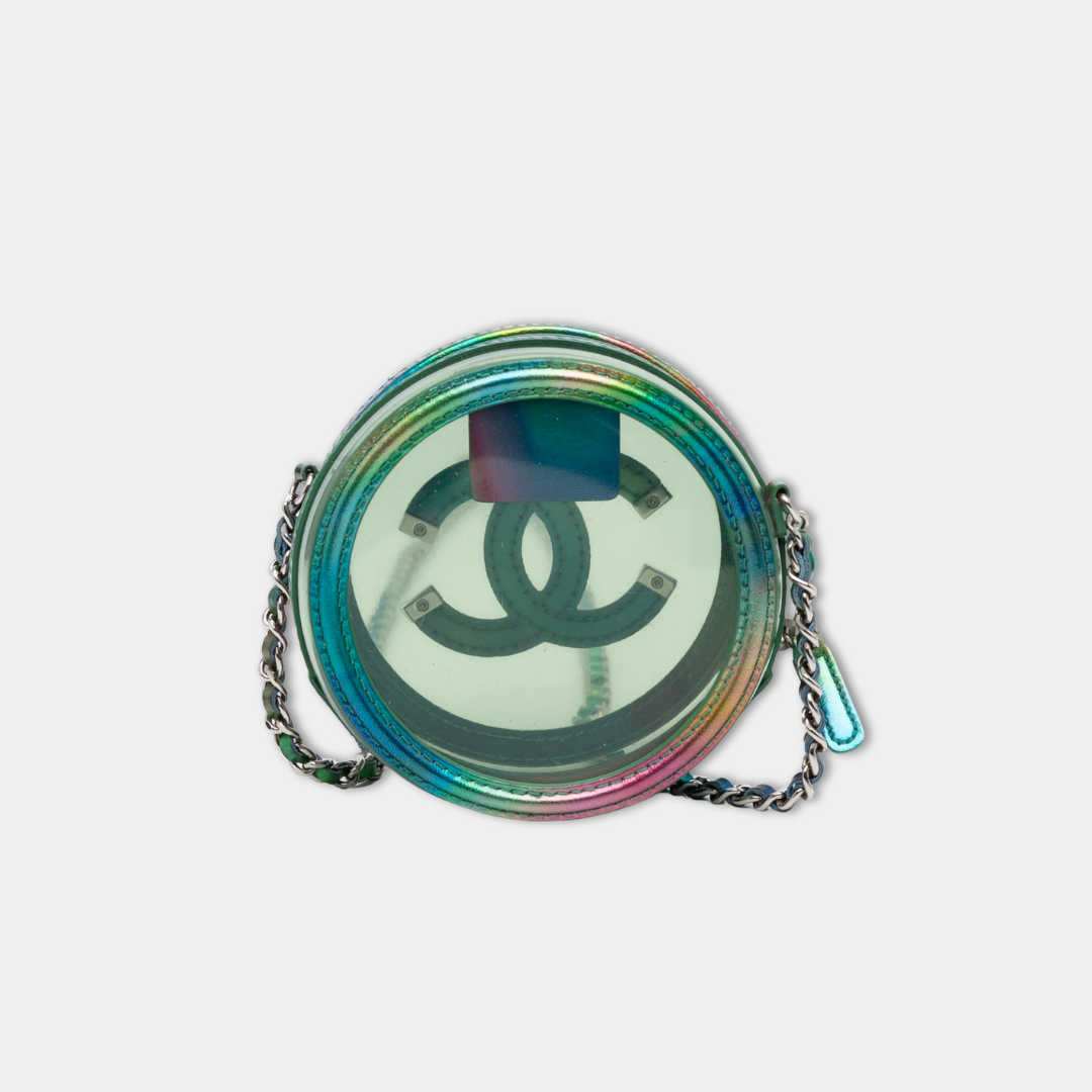 Chanel Rainbow Green Filigree PVC Mini Round Crossbody Bag Kelly's Authentic Boutique