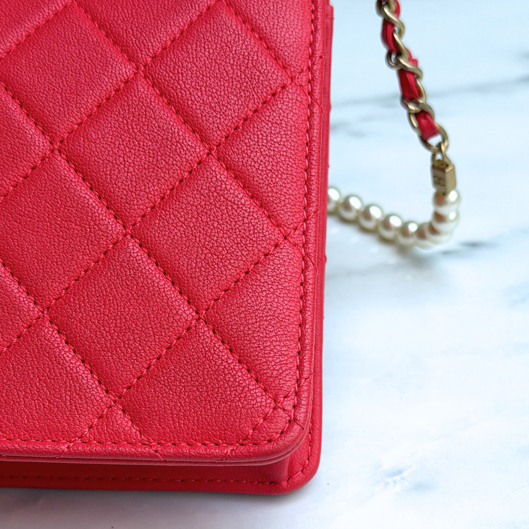Chanel Orange Quilted Lambskin Pearl Wallet on Chain Kelly's Authentic Boutique