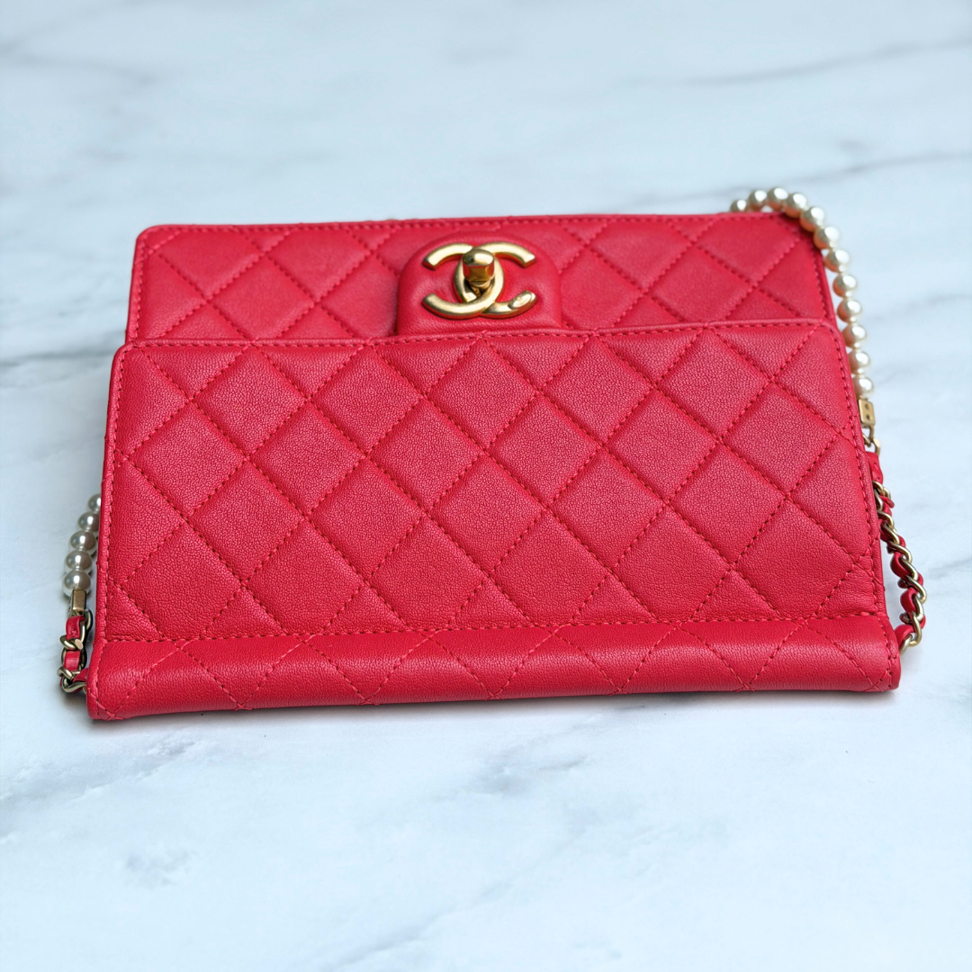 Chanel Orange Quilted Lambskin Pearl Wallet on Chain Kelly's Authentic Boutique