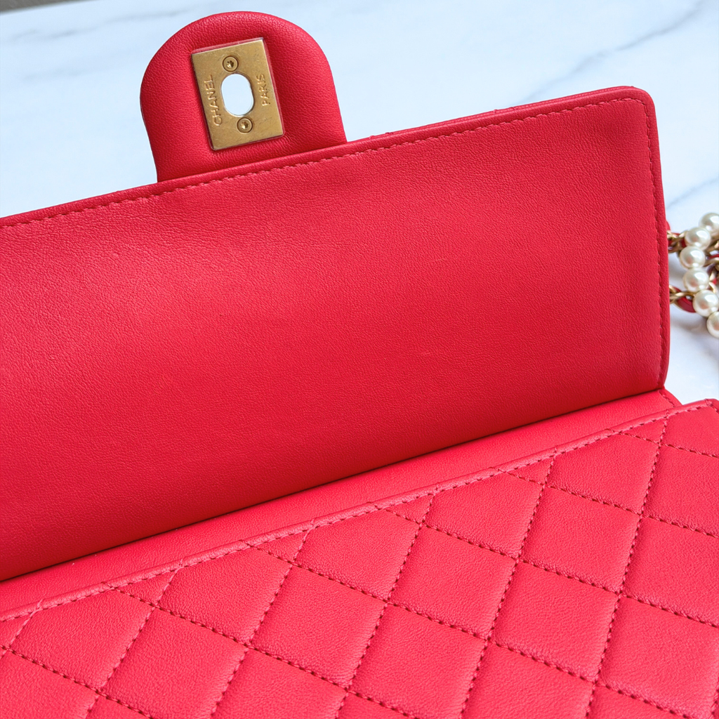 Chanel Orange Quilted Lambskin Pearl Wallet on Chain Kelly's Authentic Boutique