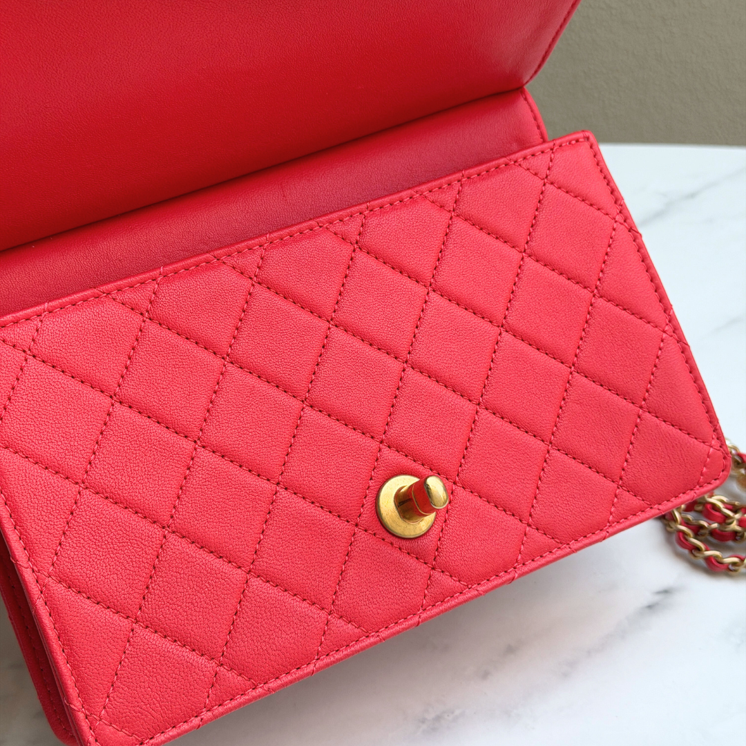 Chanel Orange Quilted Lambskin Pearl Wallet on Chain Kelly's Authentic Boutique