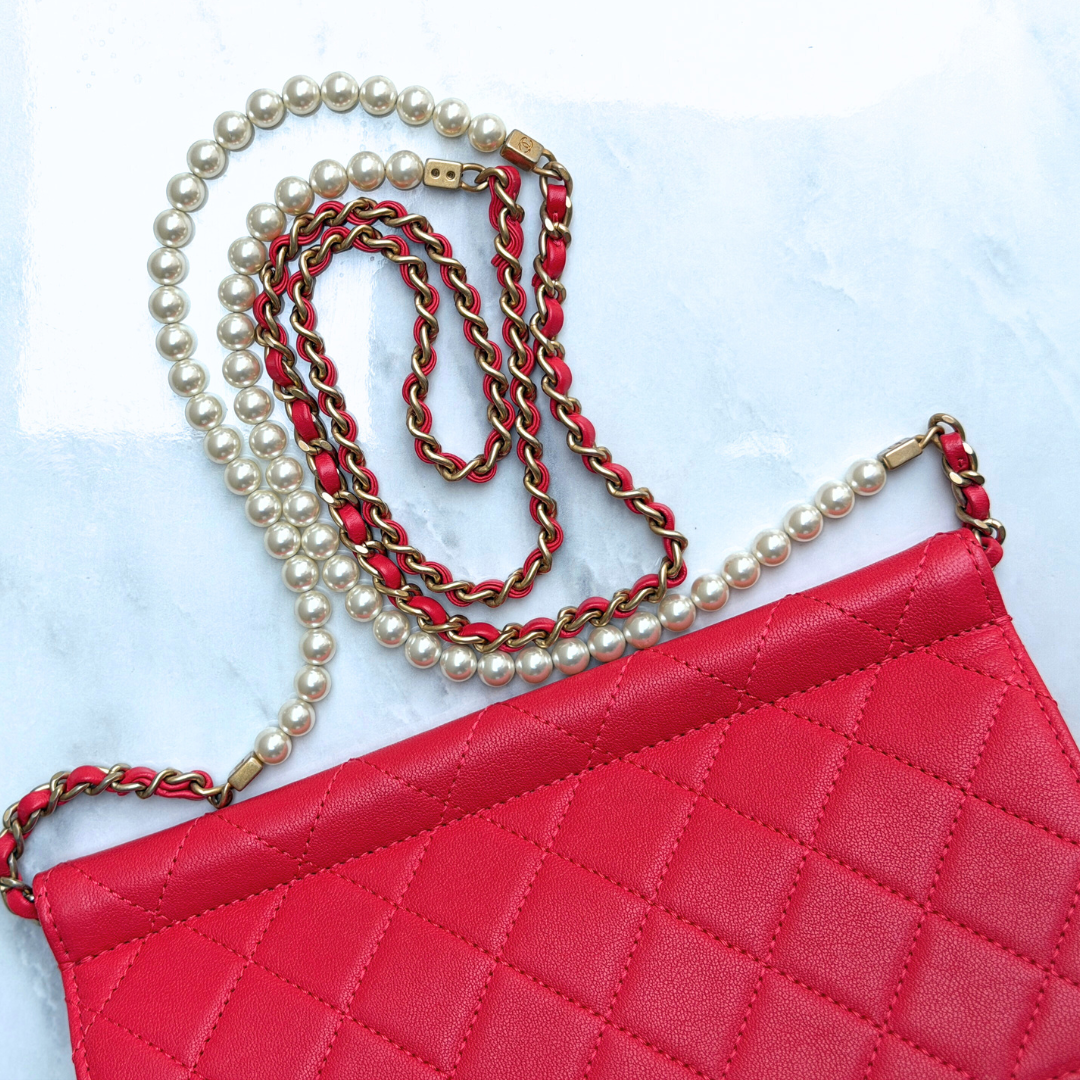 Chanel Orange Quilted Lambskin Pearl Wallet on Chain Kelly's Authentic Boutique