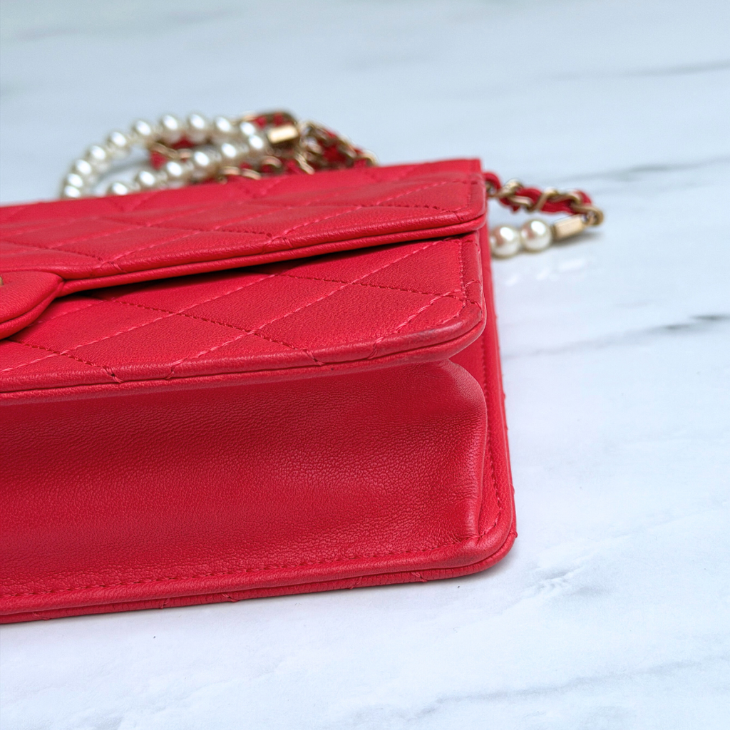 Chanel Orange Quilted Lambskin Pearl Wallet on Chain Kelly's Authentic Boutique