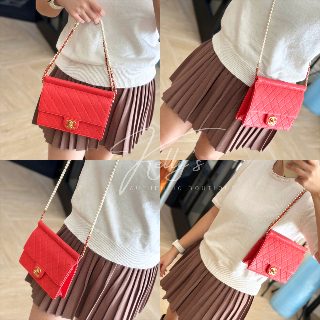 Chanel Orange Quilted Lambskin Pearl Wallet on Chain Kelly's Authentic Boutique