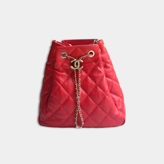 Chanel Red Quilted Lambskin Drawstring Bucket Bag Kelly's Authentic Boutique