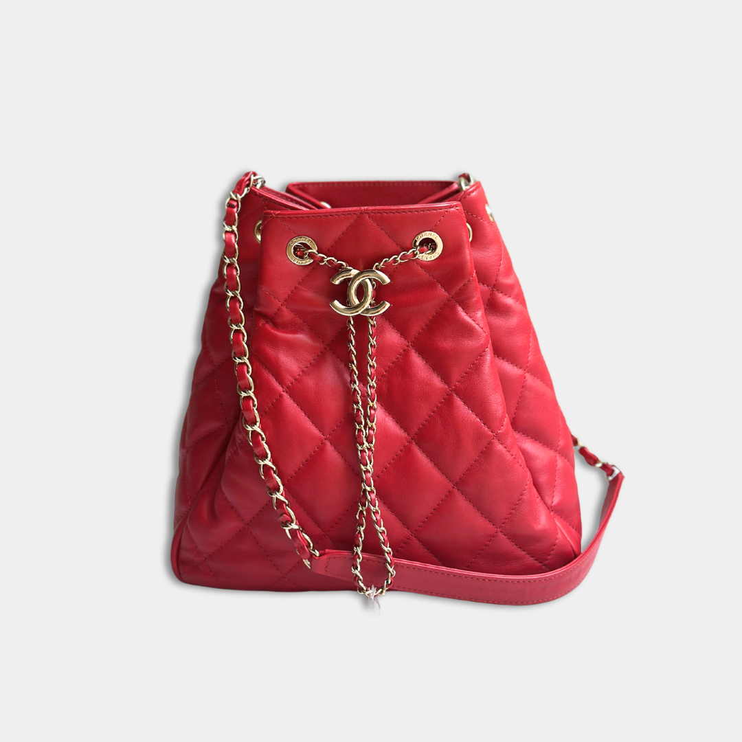 Chanel Red Quilted Lambskin Drawstring Bucket Bag Kelly's Authentic Boutique
