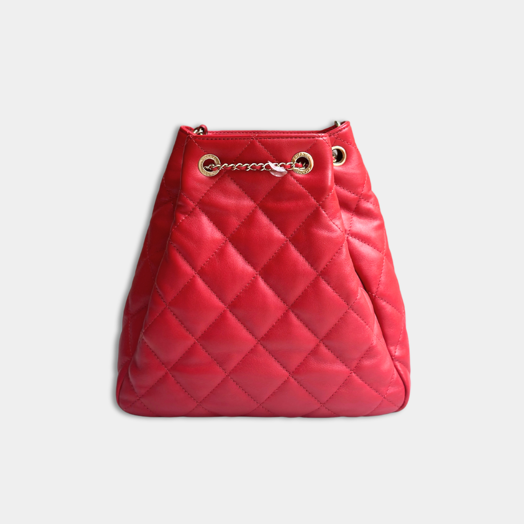 Chanel Red Quilted Lambskin Drawstring Bucket Bag Kelly's Authentic Boutique