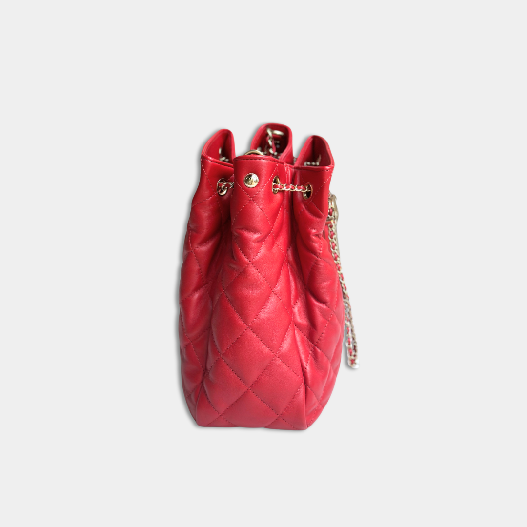Chanel Red Quilted Lambskin Drawstring Bucket Bag Kelly's Authentic Boutique