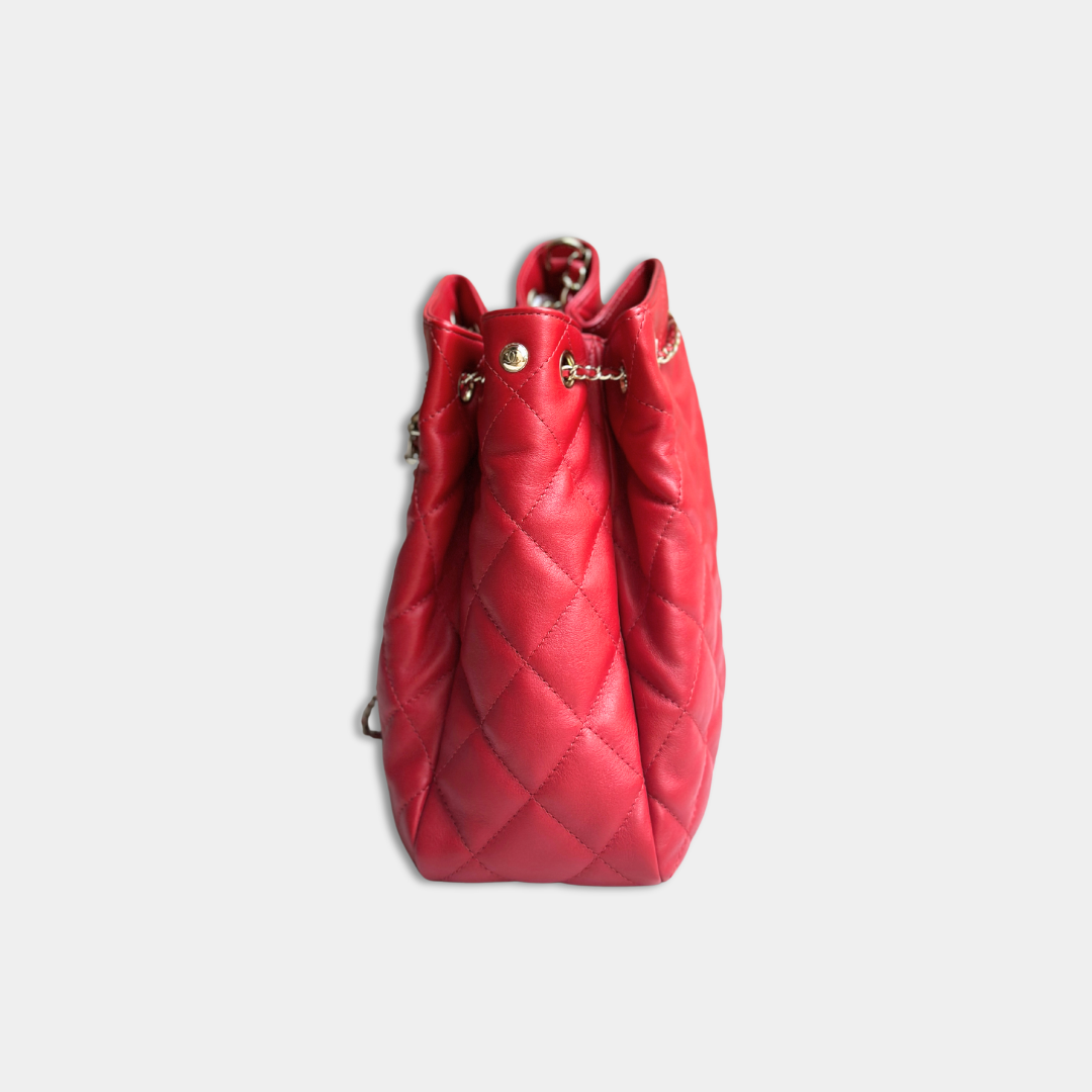 Chanel Red Quilted Lambskin Drawstring Bucket Bag Kelly's Authentic Boutique