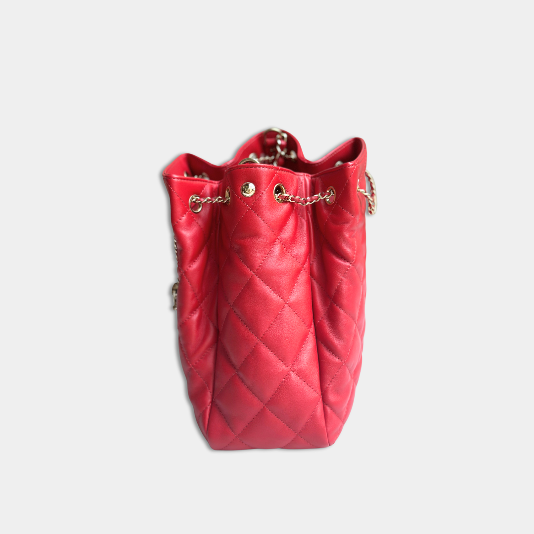 Chanel Red Quilted Lambskin Drawstring Bucket Bag Kelly's Authentic Boutique