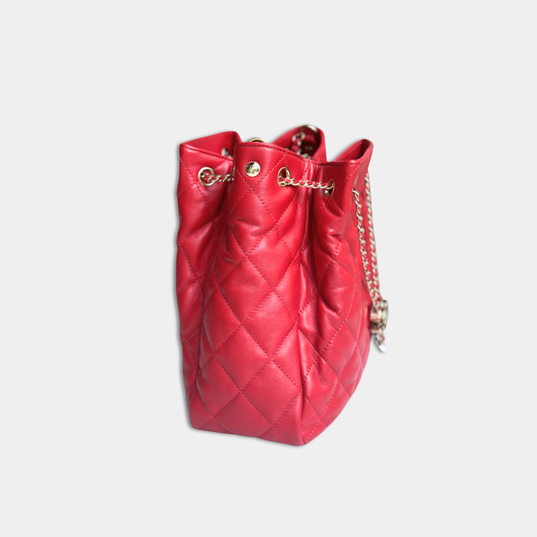 Chanel Red Quilted Lambskin Drawstring Bucket Bag Kelly's Authentic Boutique
