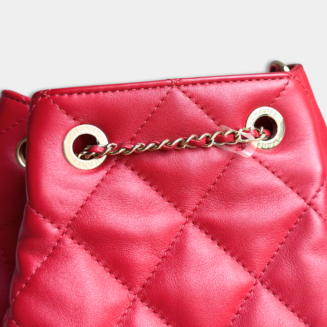 Chanel Red Quilted Lambskin Drawstring Bucket Bag Kelly's Authentic Boutique