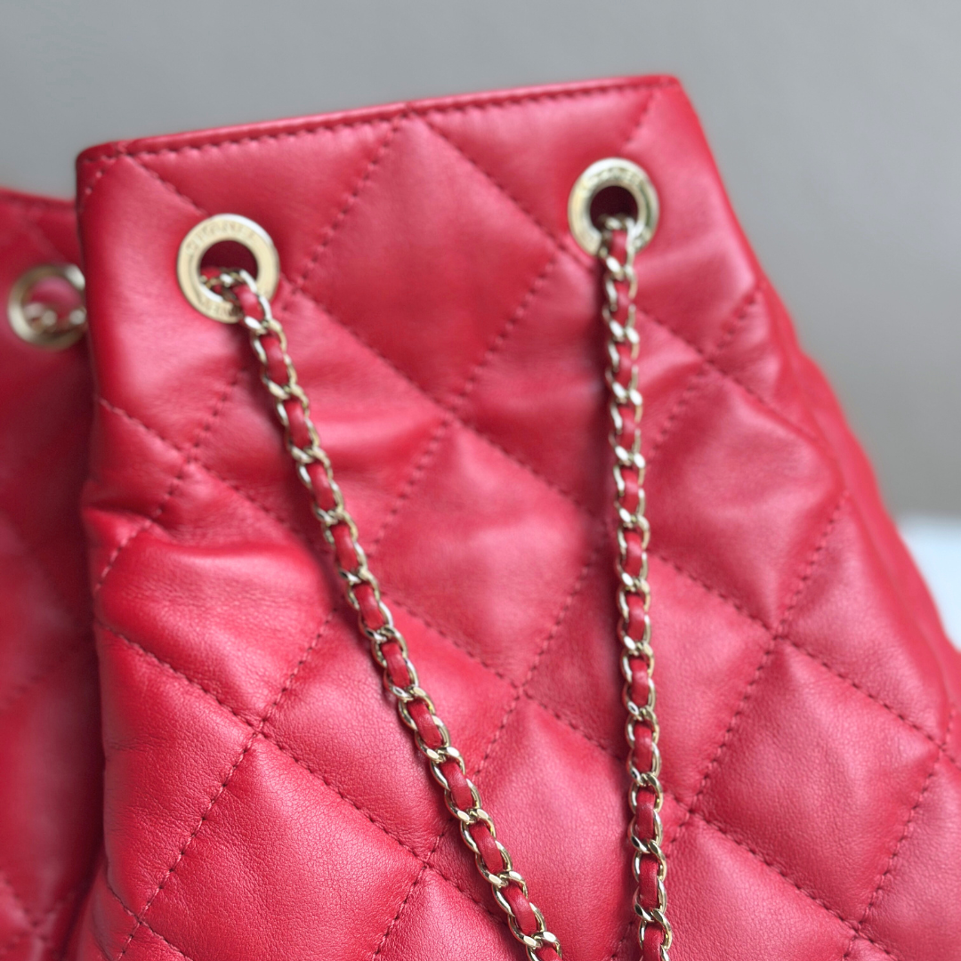 Chanel Red Quilted Lambskin Drawstring Bucket Bag Kelly's Authentic Boutique
