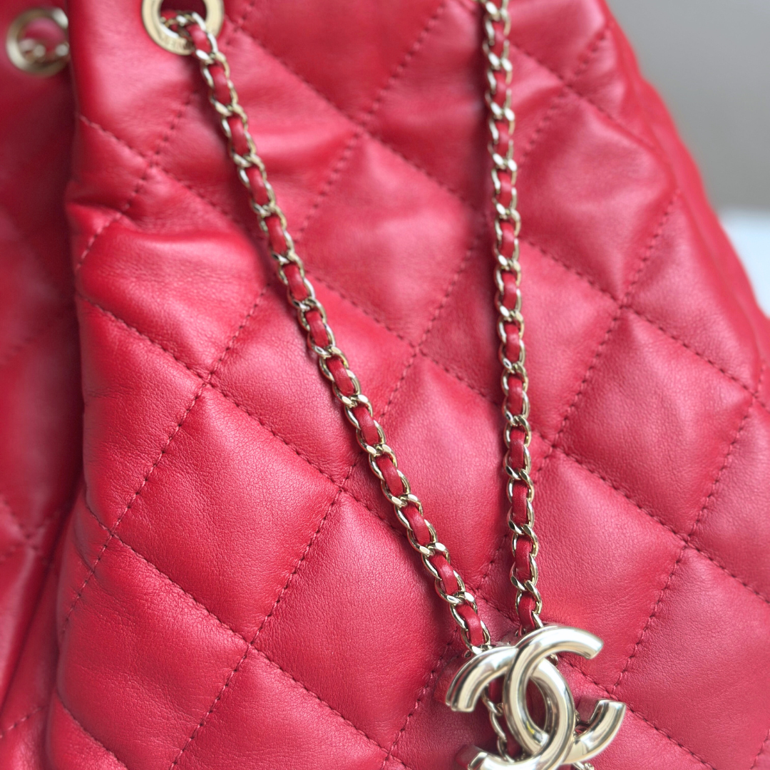 Chanel Red Quilted Lambskin Drawstring Bucket Bag Kelly's Authentic Boutique
