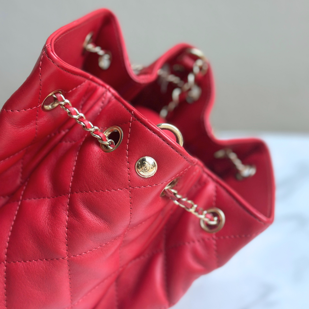 Chanel Red Quilted Lambskin Drawstring Bucket Bag Kelly's Authentic Boutique