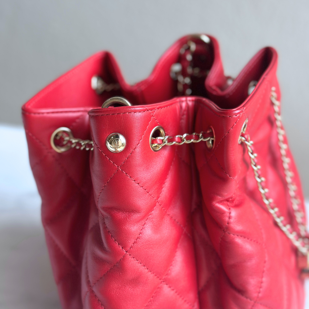 Chanel Red Quilted Lambskin Drawstring Bucket Bag Kelly's Authentic Boutique