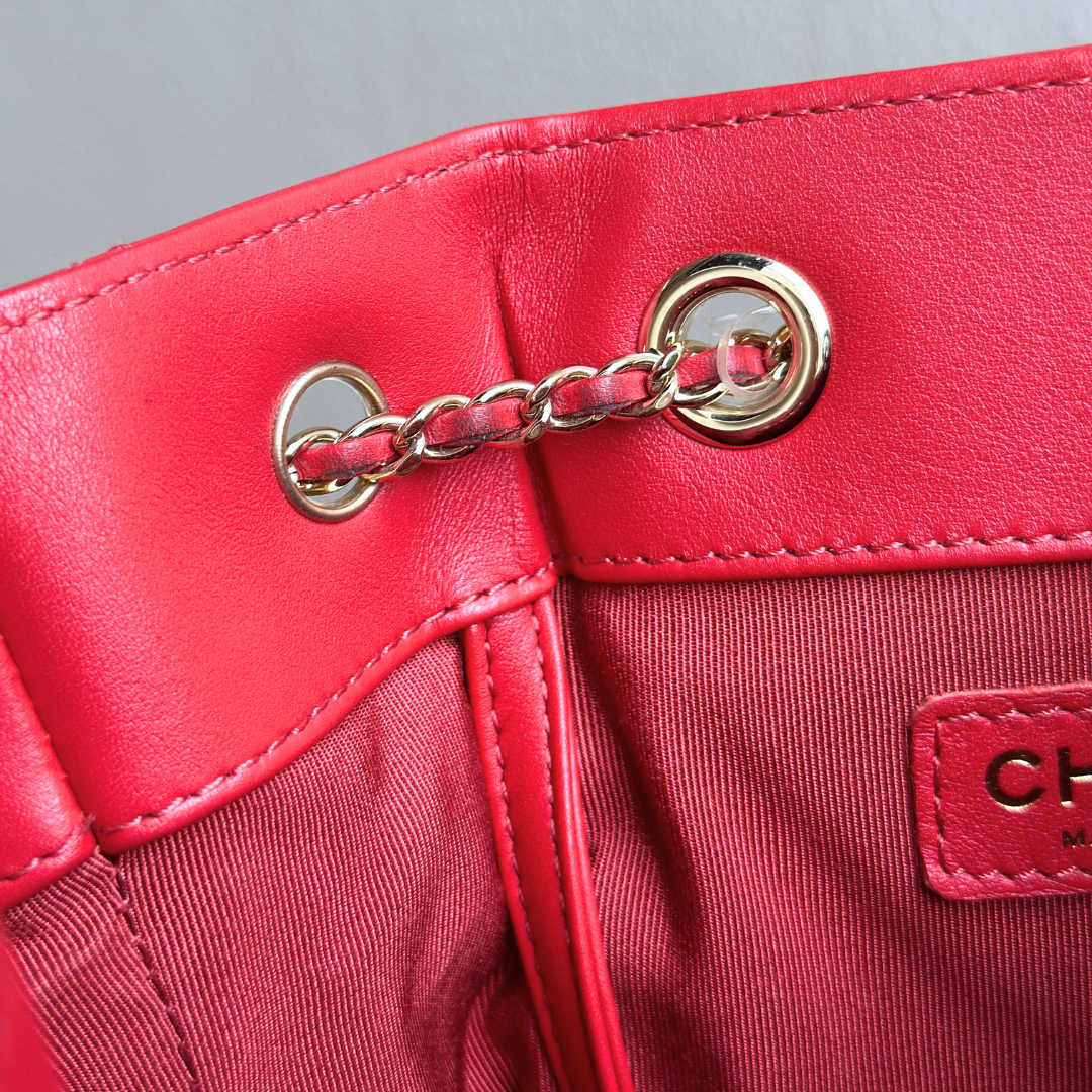 Chanel Red Quilted Lambskin Drawstring Bucket Bag Kelly's Authentic Boutique