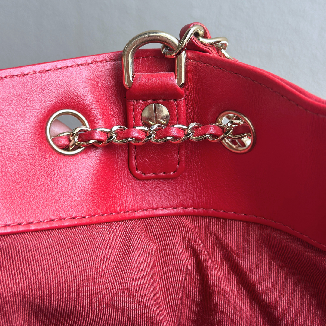 Chanel Red Quilted Lambskin Drawstring Bucket Bag Kelly's Authentic Boutique