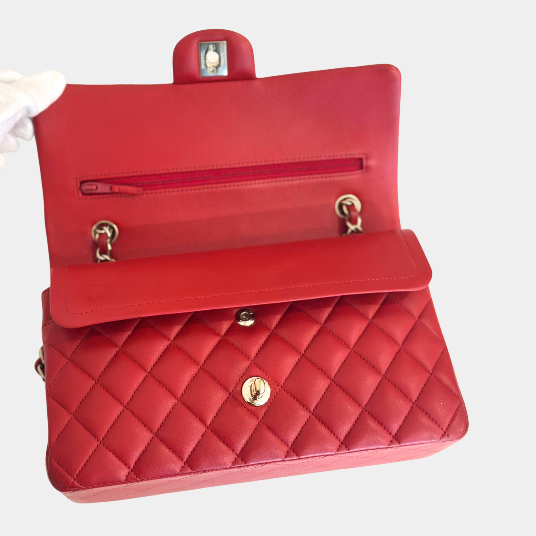 Chanel Red Lambskin Medium Classic Flap Bag Kelly's Authentic Boutique