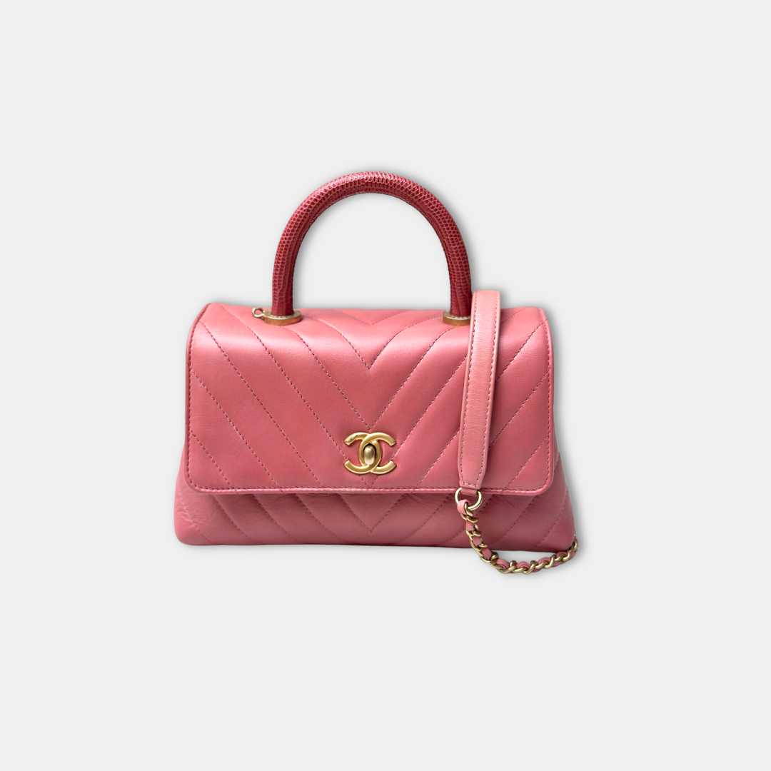 Chanel Pink Chevron Calfskin Small Coco Python Top Handle Bag Kelly's Authentic Boutique