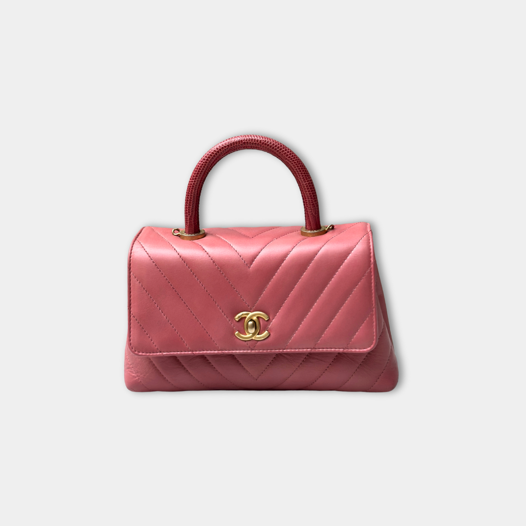 Chanel Pink Chevron Calfskin Small Coco Python Top Handle Bag Kelly's Authentic Boutique