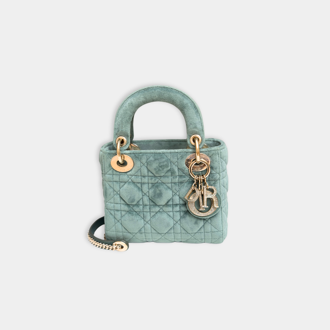 Dior Limited Mini Velvet Mint Green Lady Dior with Crystal Charms Kelly's Authentic Boutique