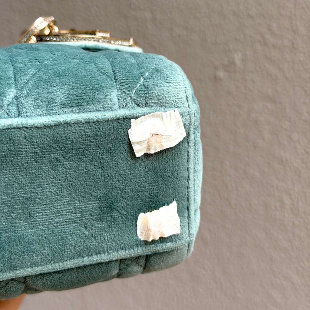 Dior Limited Mini Velvet Mint Green Lady Dior with Crystal Charms Kelly's Authentic Boutique