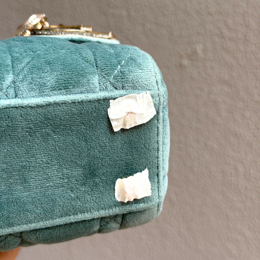 Dior Limited Mini Velvet Mint Green Lady Dior with Crystal Charms Kelly's Authentic Boutique