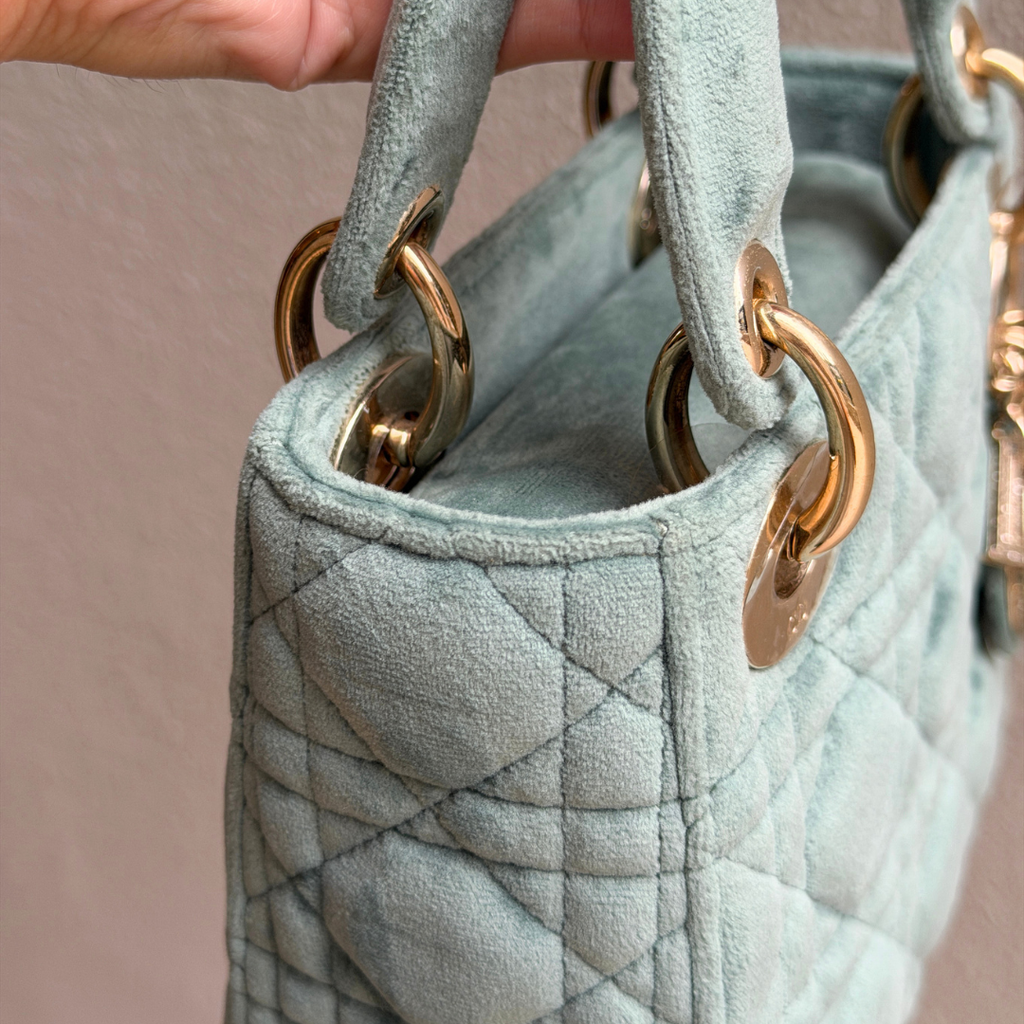 Dior Limited Mini Velvet Mint Green Lady Dior with Crystal Charms Kelly's Authentic Boutique