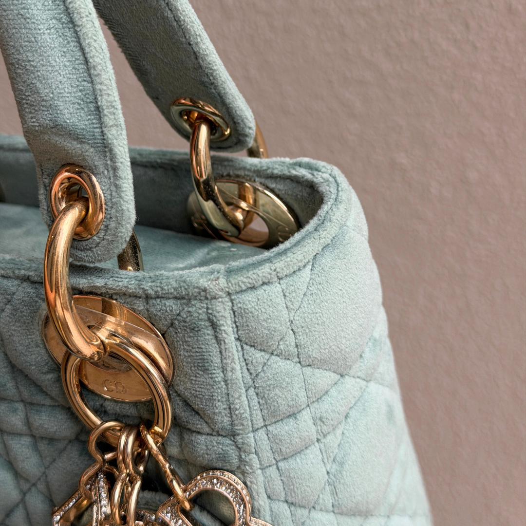 Dior Limited Mini Velvet Mint Green Lady Dior with Crystal Charms Kelly's Authentic Boutique