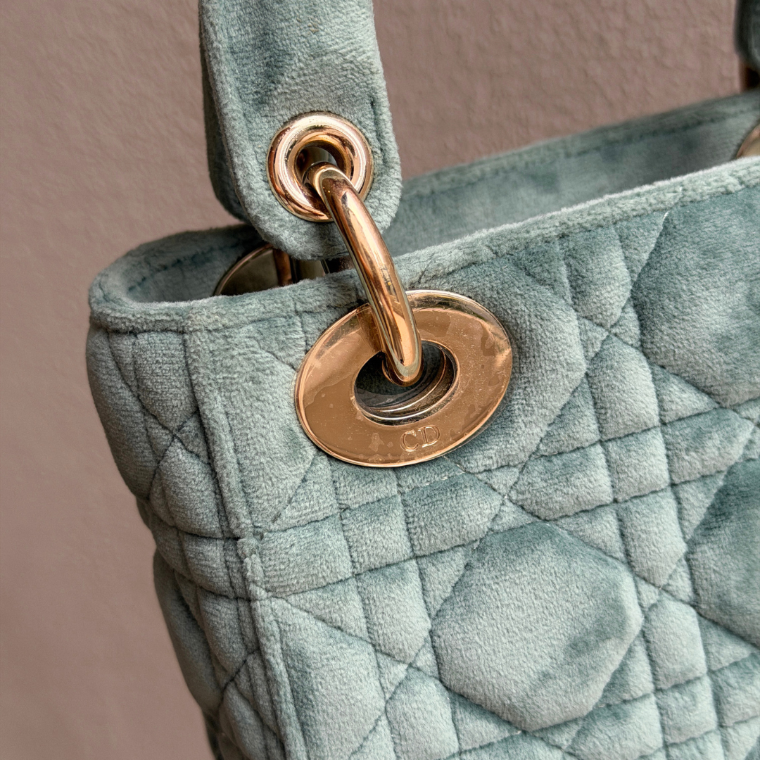 Dior Limited Mini Velvet Mint Green Lady Dior with Crystal Charms Kelly's Authentic Boutique