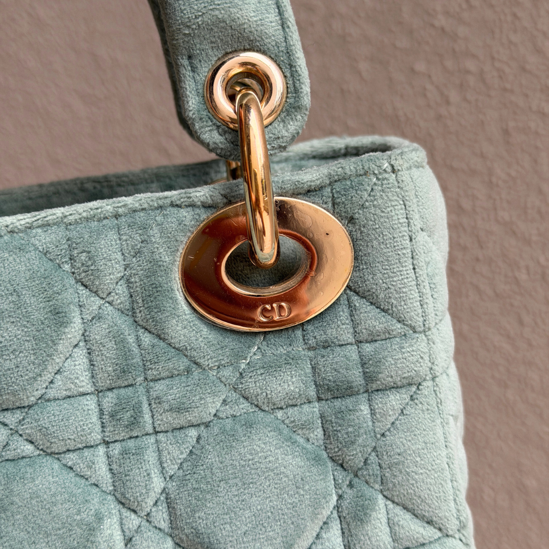 Dior Limited Mini Velvet Mint Green Lady Dior with Crystal Charms Kelly's Authentic Boutique