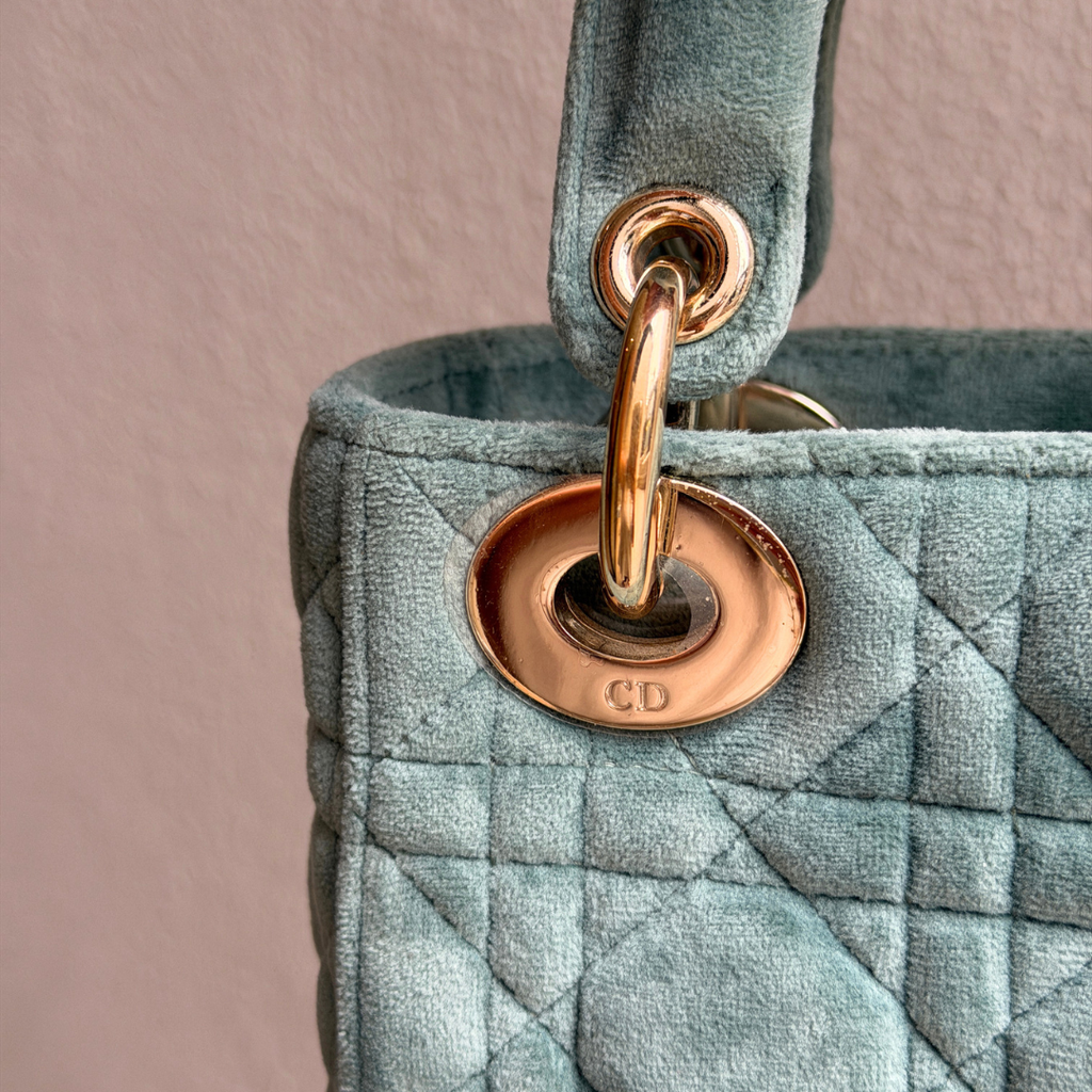 Dior Limited Mini Velvet Mint Green Lady Dior with Crystal Charms Kelly's Authentic Boutique