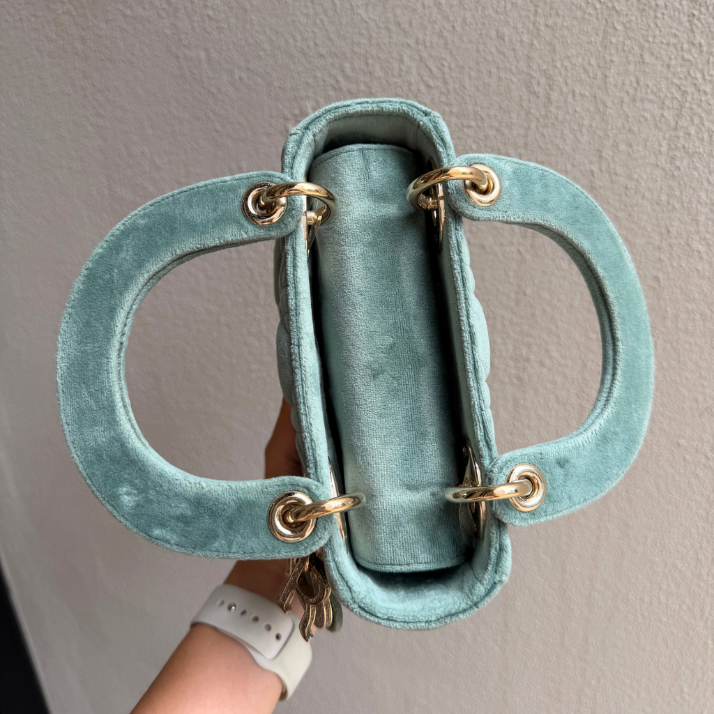 Dior Limited Mini Velvet Mint Green Lady Dior with Crystal Charms Kelly's Authentic Boutique