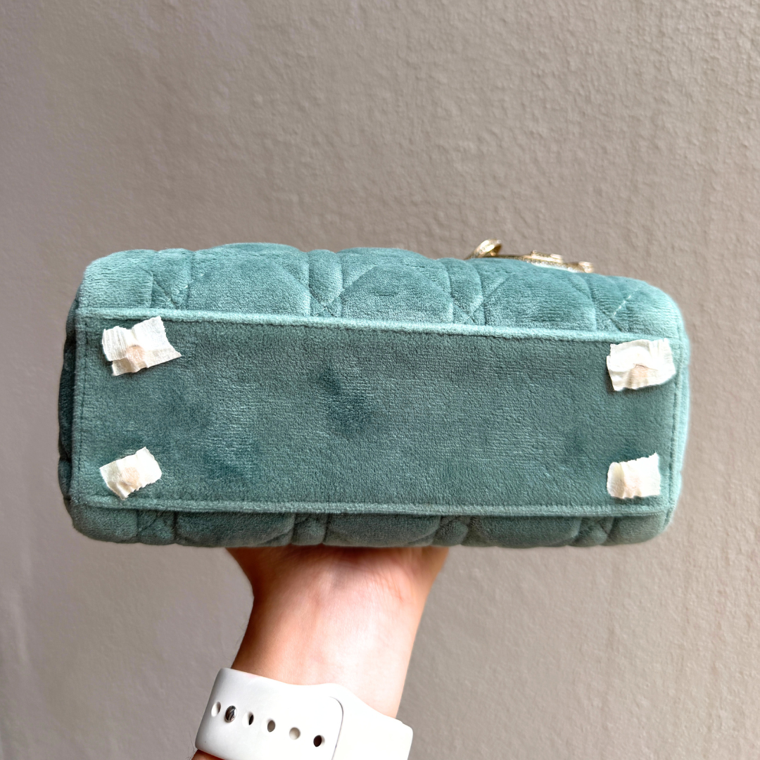 Dior Limited Mini Velvet Mint Green Lady Dior with Crystal Charms Kelly's Authentic Boutique