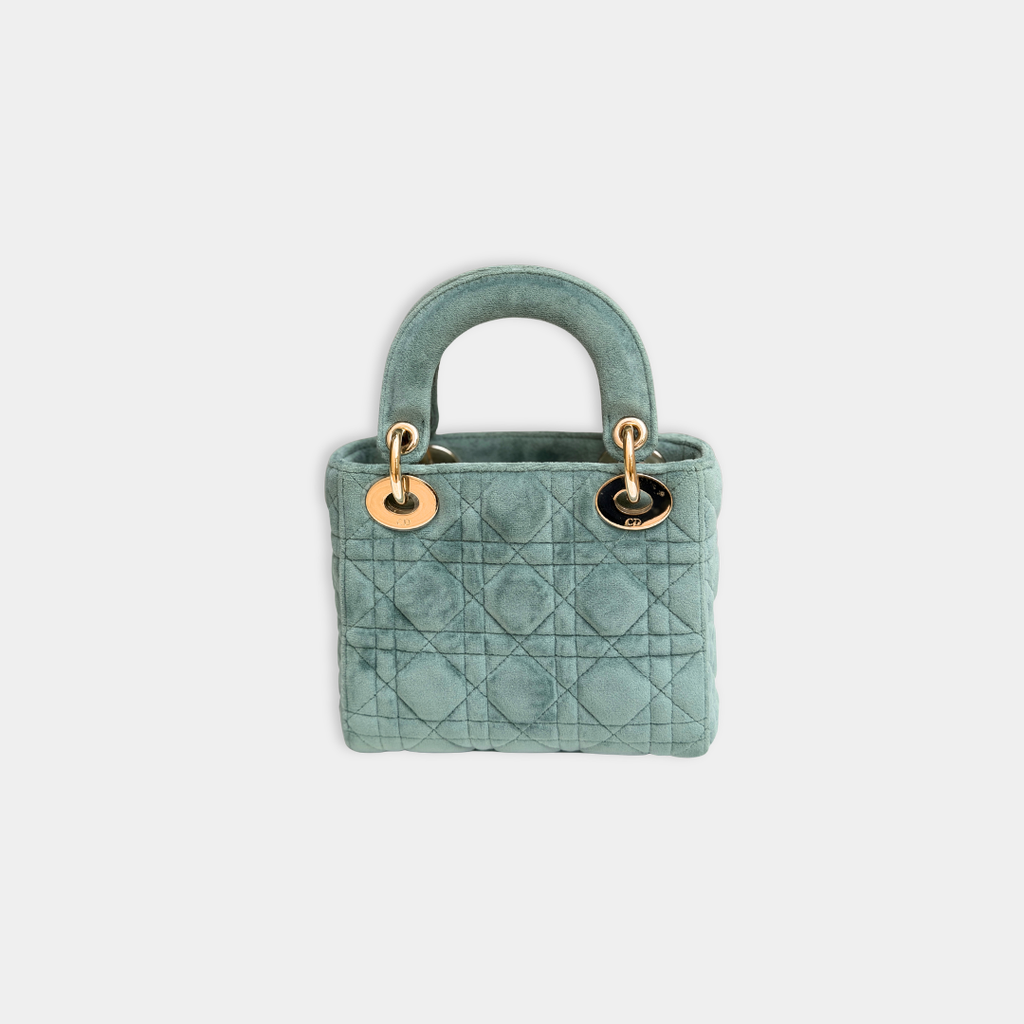 Dior Limited Mini Velvet Mint Green Lady Dior with Crystal Charms Kelly's Authentic Boutique