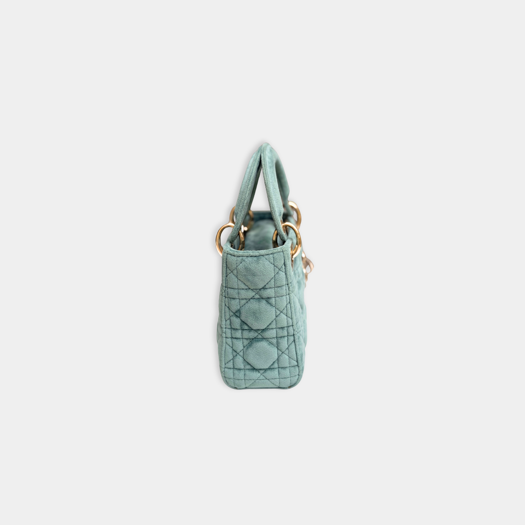 Dior Limited Mini Velvet Mint Green Lady Dior with Crystal Charms Kelly's Authentic Boutique