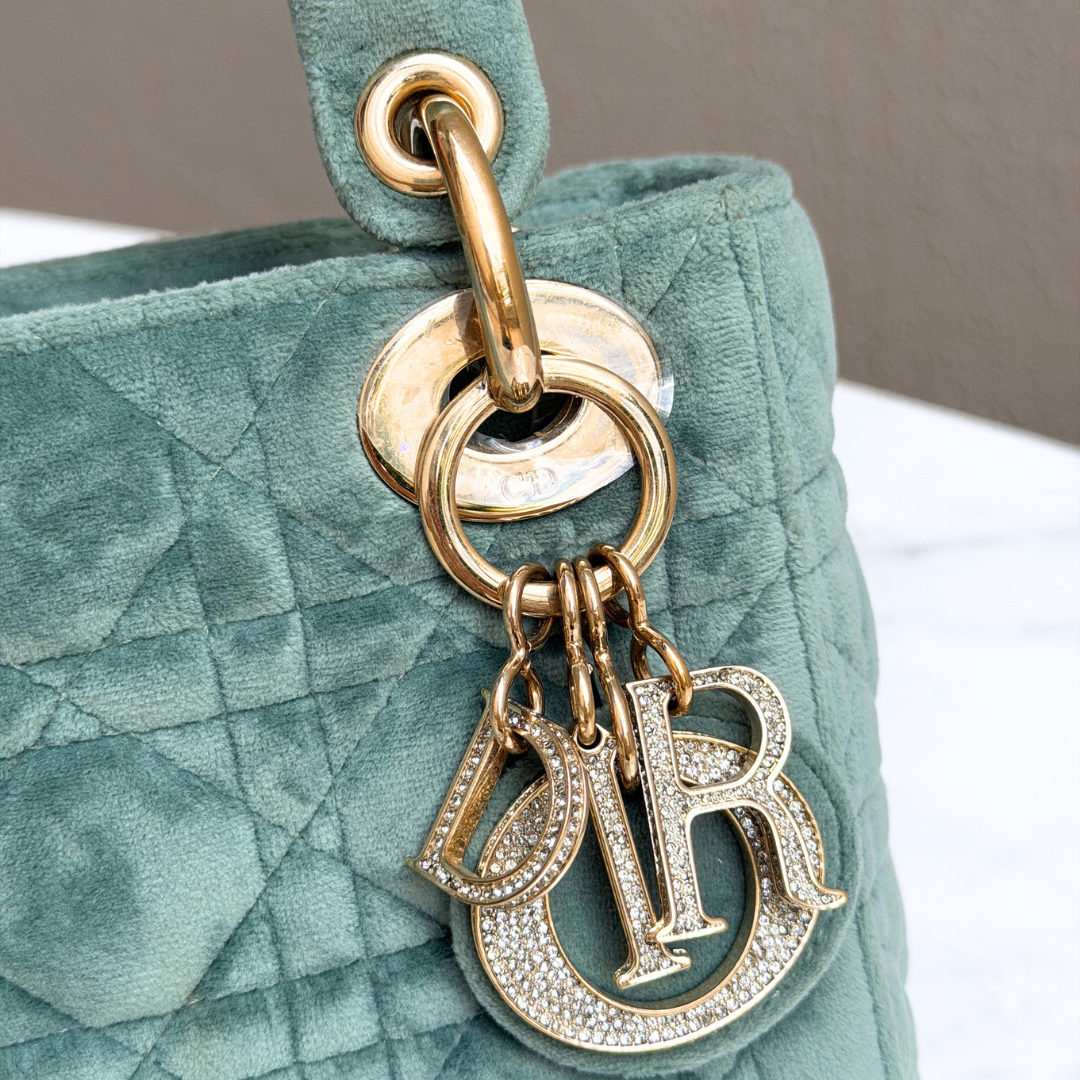 Dior Limited Mini Velvet Mint Green Lady Dior with Crystal Charms Kelly's Authentic Boutique