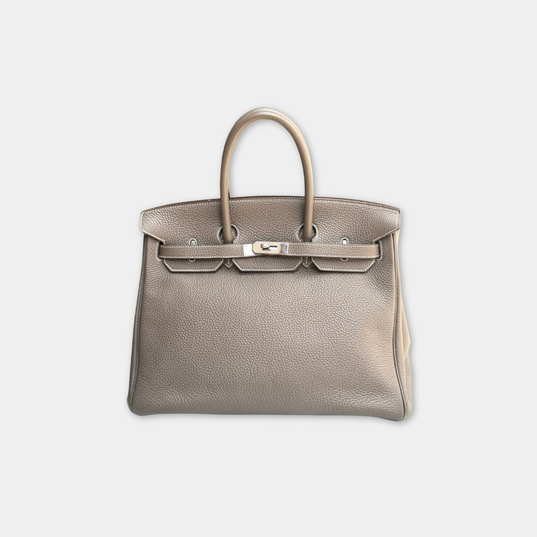 Hermes Etoupe Taurillon Clemence Birkin 35 Kelly's Authentic Boutique