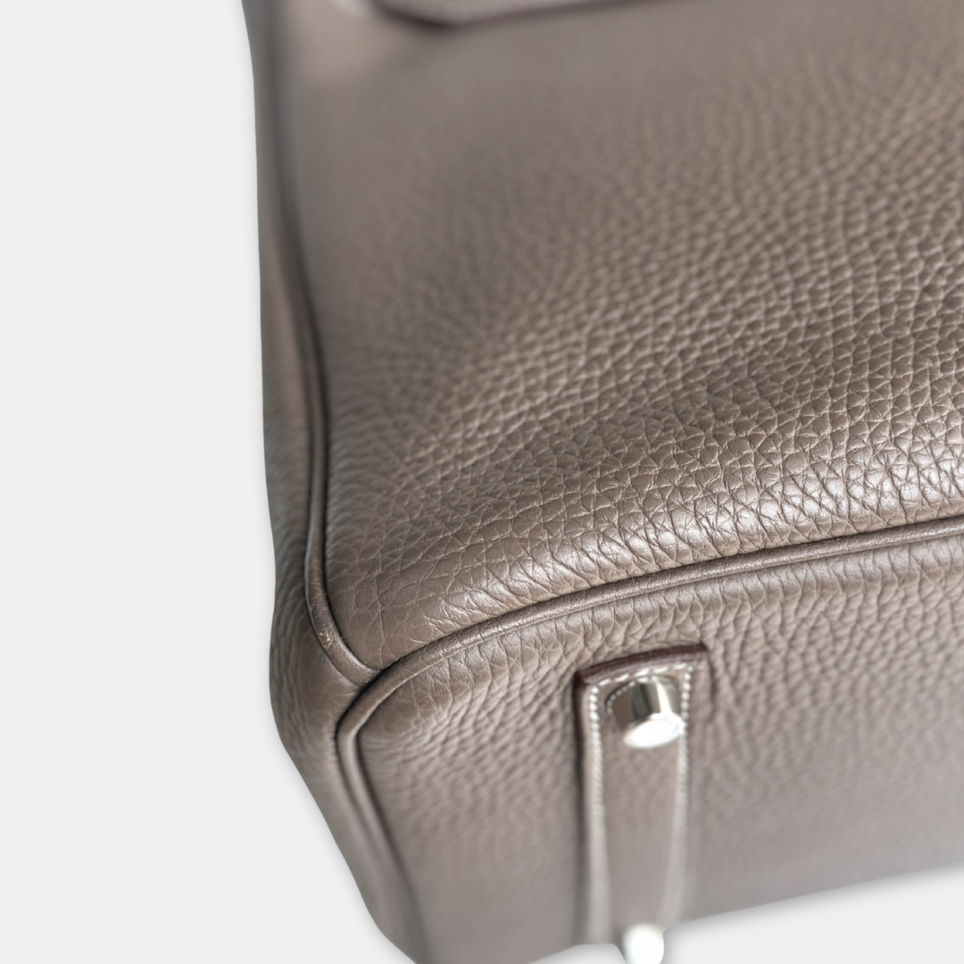 Hermes Etoupe Taurillon Clemence Birkin 35 Kelly's Authentic Boutique