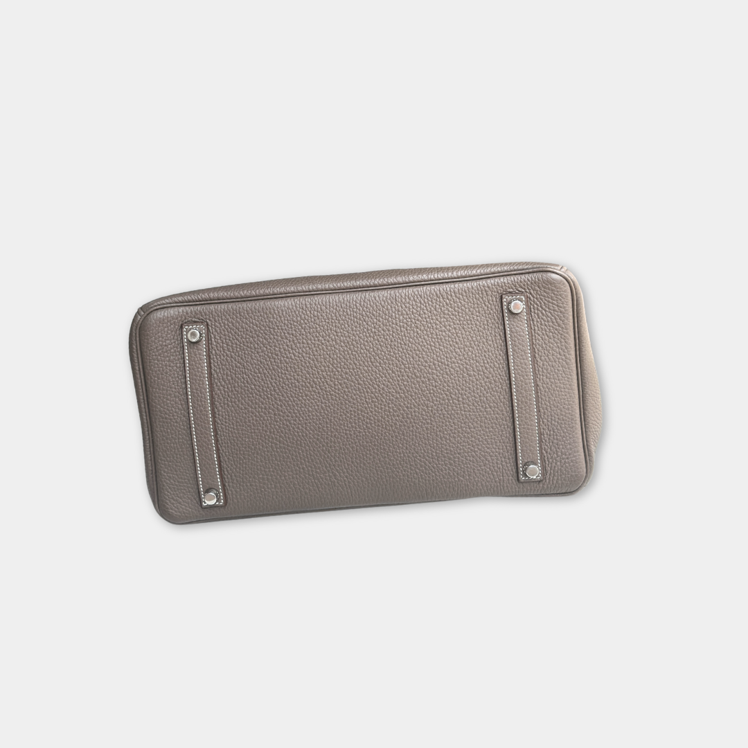 Hermes Etoupe Taurillon Clemence Birkin 35 Kelly's Authentic Boutique