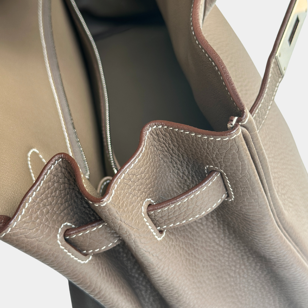 Hermes Etoupe Taurillon Clemence Birkin 35 Kelly's Authentic Boutique